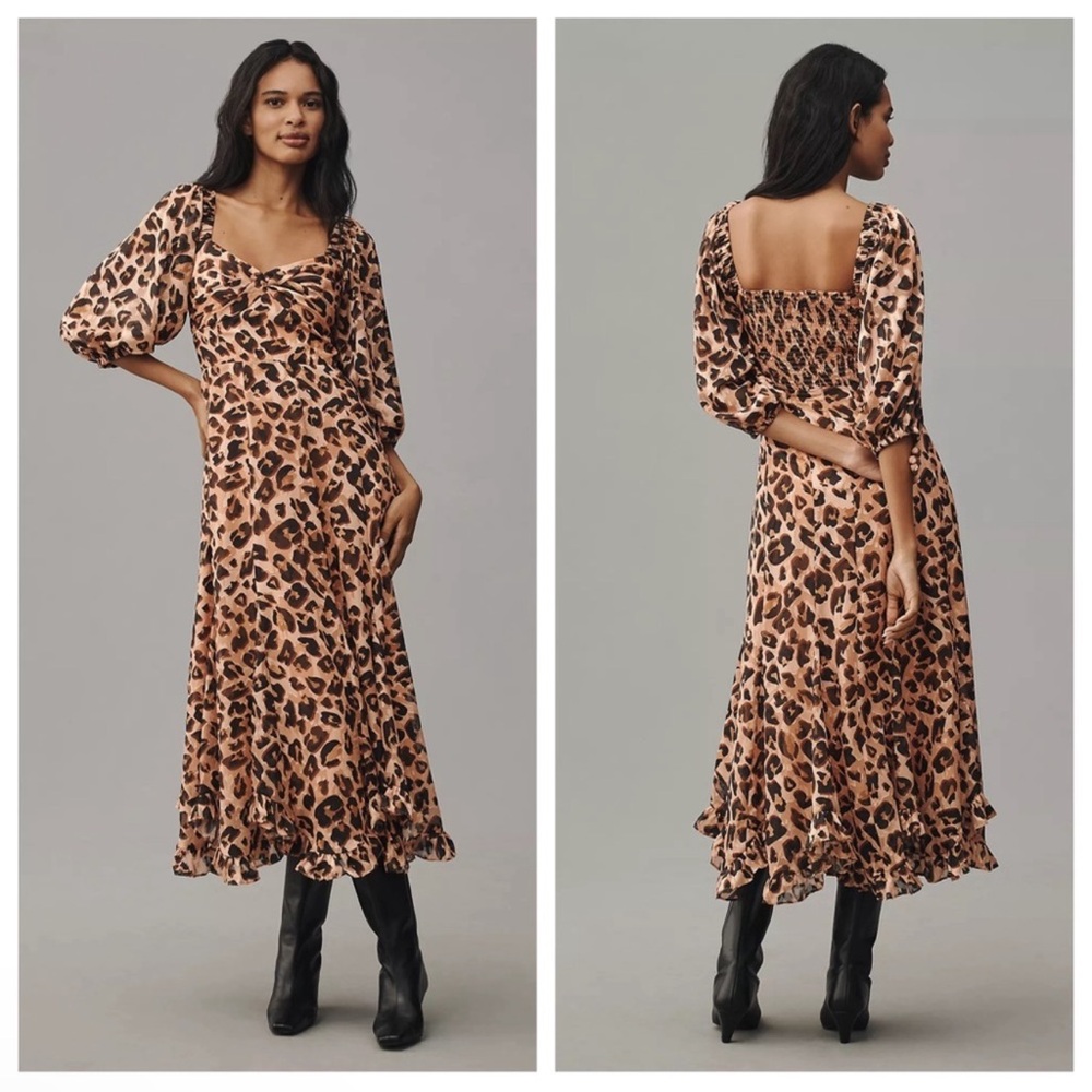 Anthropologie Hutch Printed Twist Front Puff Sleeve Ruffle Hem Dress Leopard